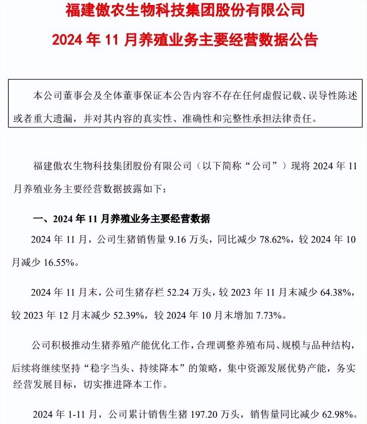 华统股份：1月生猪销售收入同比增长14.42%